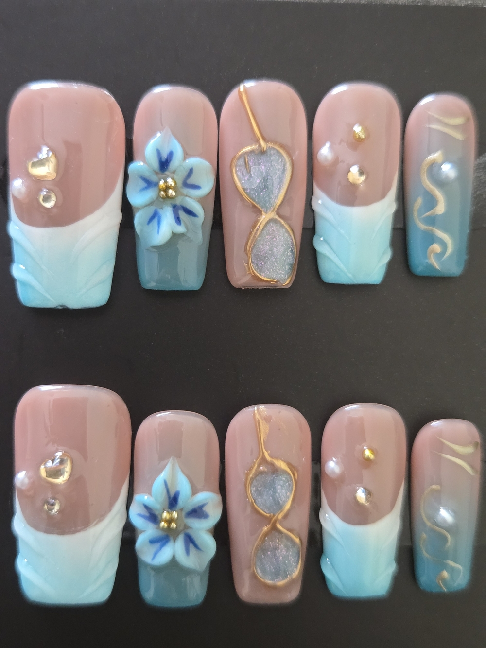 Hand Crafted Blue Ombre Floral Sunglasses Press-On Nails